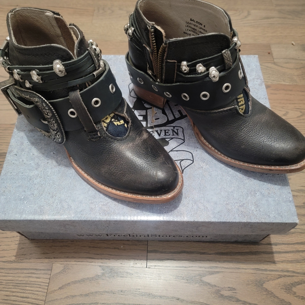 Freebird by Steven Black Leather Ankle Boots with Silver Details
